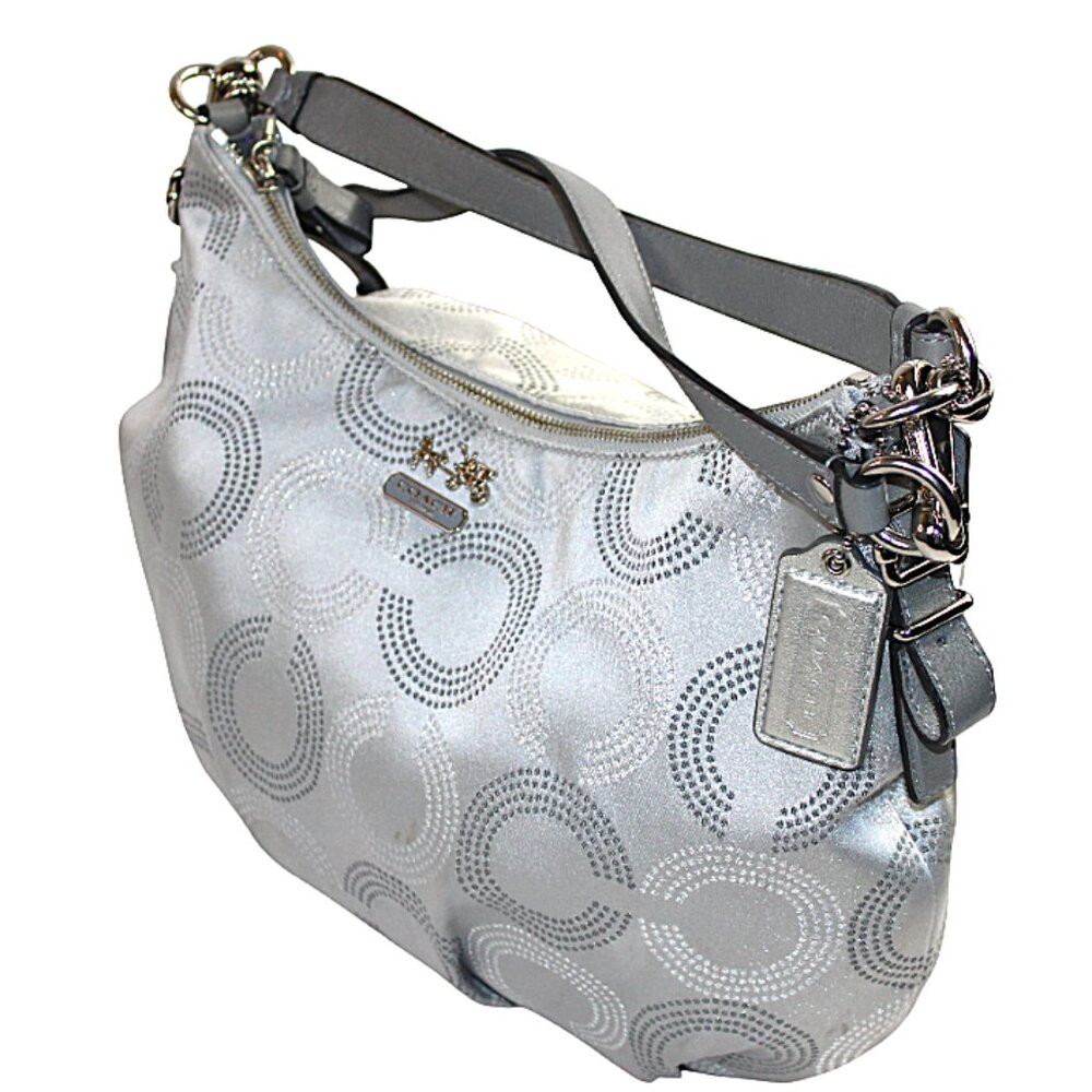 Coach Madison Two Tone Silver Sateen Dotted Opti-Art Hobo Convertible Shoulder - Picture 5 of 12